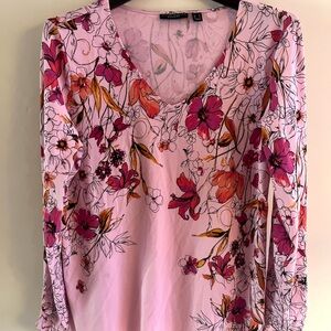 Susan Graver Weekend Floral Tunic Top Pink Orange V-Neck Sz M Cotton Modal